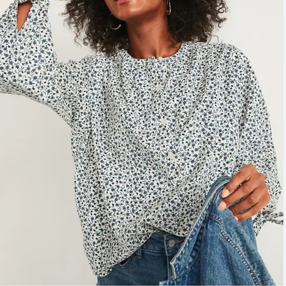 Old Navy Oversized Floral-Print Corduroy Tie-Sleeve Blouse S